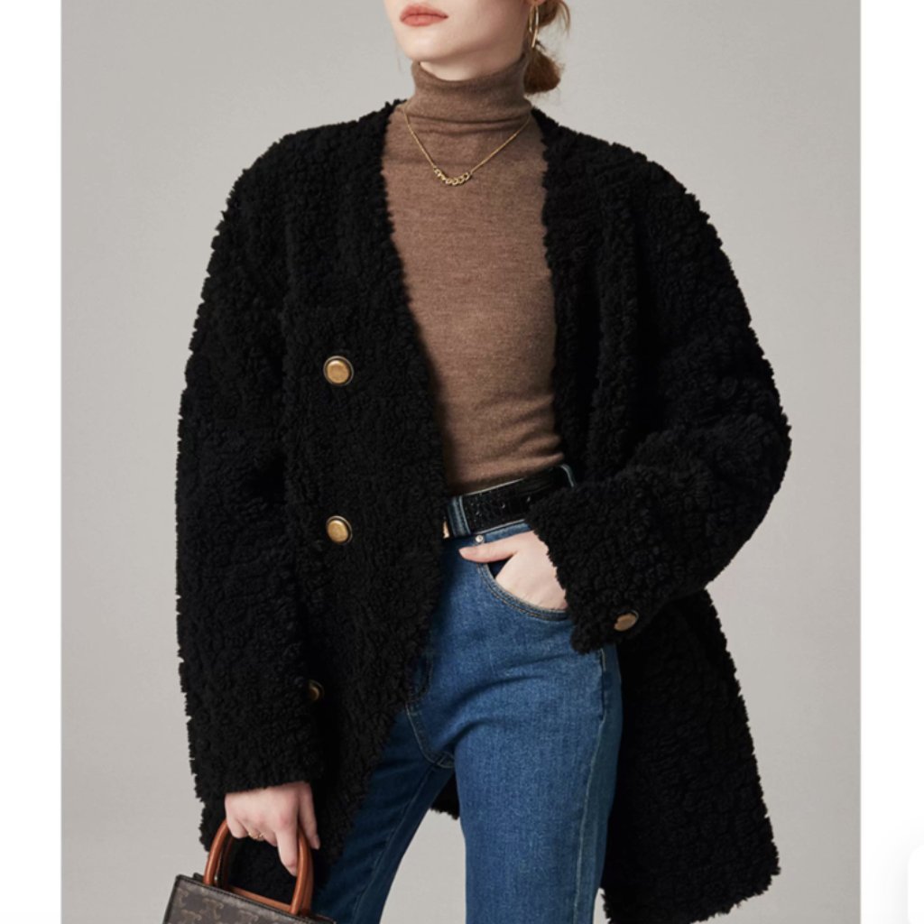 Collarless Mid-Length Textured Teddy Coat